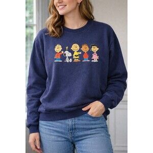 Peanuts Snoopy Charlie Brown Gang Sweatshirt Navy Blue Graphic Crewneck Xxs